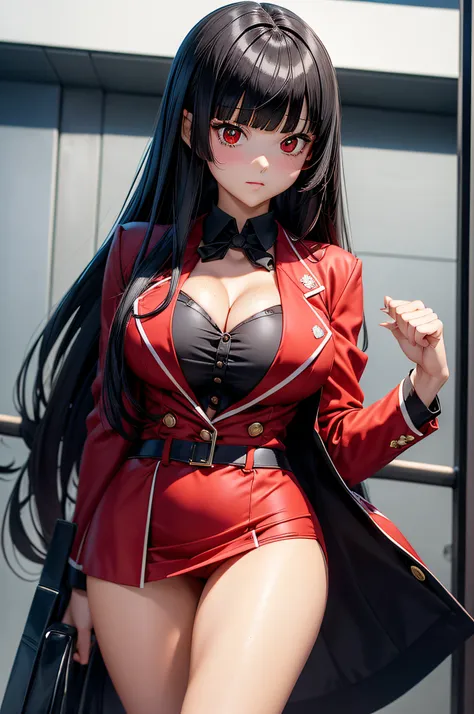 ((Best Quality)), ((masutepiece)), (Detailed), Perfect face　a beauty girl　cleavage of the breast　red eyes　long, thick black hair　 Blunt bangs　Standing facing forward　Red Blazer　Black miniskirt　Girls#39; School Costumes