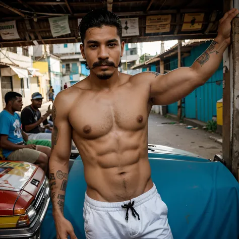 Homem moreno bonito, 20 anos, cabelo curtos, bigode e cavanhaque, capoeirista, na favela do rio de janeiro, selling treats in traffic