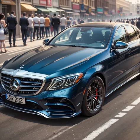 A Mercedeenz S-Class sedan, entirely coated in crystal mist blue, races down the streets --auto --s2