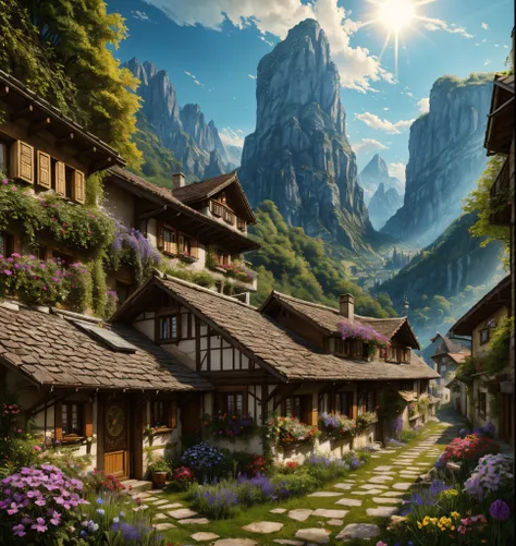 (low contrast ), colorfantasystyle sharp details, a medieval village in switzerland, mess jungle in background, ornate, beautiful, atmosphere, vibe, flowers, concept art illustration, greg rutowski, volumetric lighting, sunbeams, particles, colorful clothe...