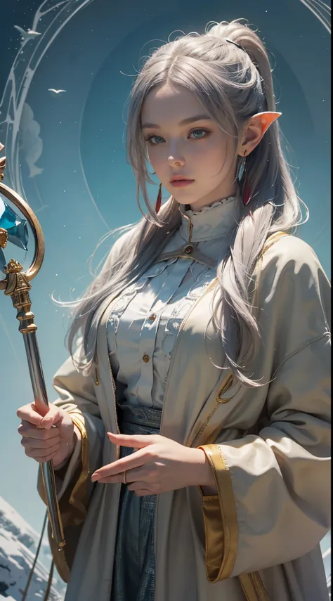 frierenwinter, 8k, best quality, highres, realistic, real person, a wizard character with silver ponytail hair, earrings, and a ...