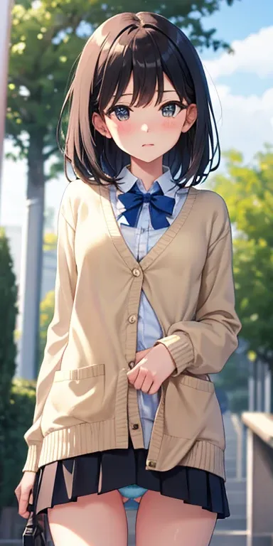 Cardigan，Deferred expression，JK Campus，Tall and tall，red blush，Navy blue skirt，up skirt，Its okay to wear a skirt, I can see my panties，校服，(((tucking up the skirt)))、(((White panties are visible)))、Pleated miniskirt，small tits，