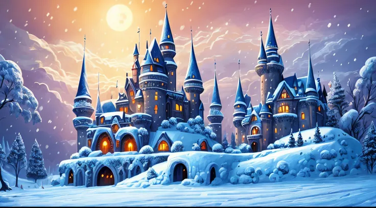 bright, (((cartoon style))), a fantasy big scary castle in winter in the center of the image , (winter day), illustration for children, fantasy art, masterpiece, dark forest in the background, winter, falling snow, detailed, intricate, 4k, art