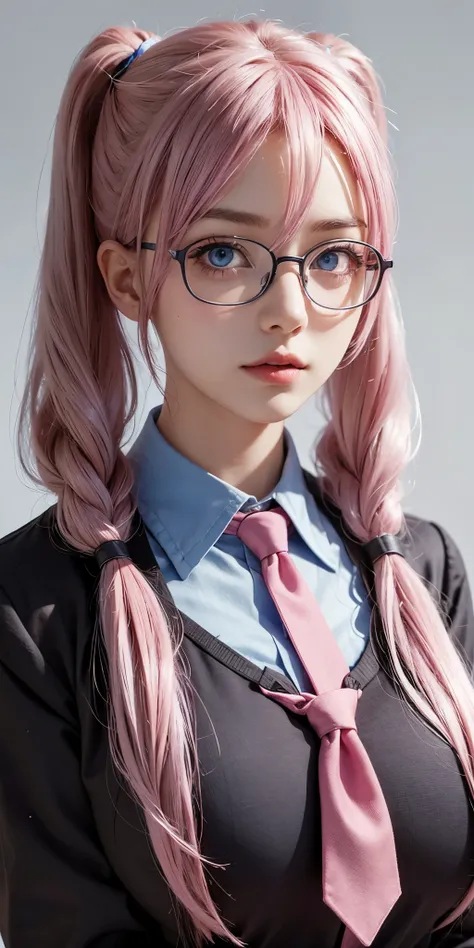 1girl,huge breast, pink hair, twintail hair,blue eyes, glasses ,brown school uniform, high quality, ultra detailed, masterpiece, realistic