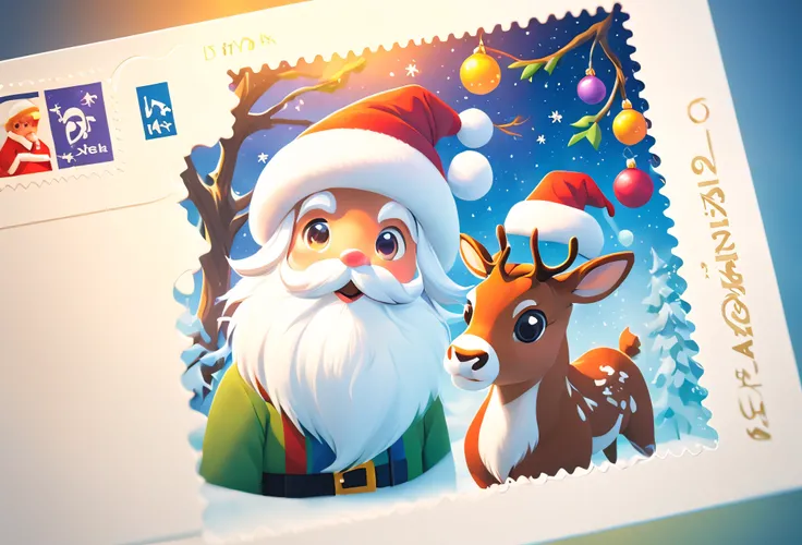 (best quality), 8k, highreasterpiece), super details, ultra-detailed, a postcard, Christmas postcard, vibrant colors, vivid characters, Christmas scene, snowy landscape, cozy, Santa Claus, reindeer, traditional Christmas colors