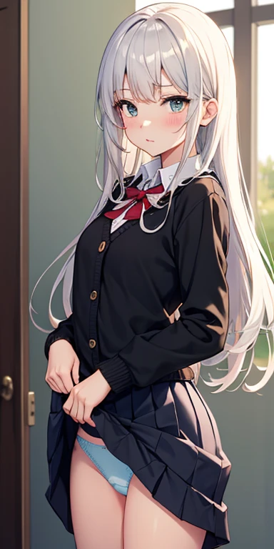 Cardigan，Deferred expression，JK Campus，Tall and tall，red blush，Navy blue skirt，up skirt，Its okay to wear a skirt, I can see my panties，校服，(((tucking up the skirt)))、(((White panties are visible)))、Pleated miniskirt，small tits，Holding