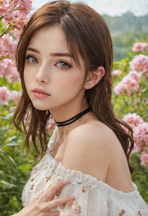 A beautyful girl, Hair over the shoulder, Clear  eyes, slick hair, Exquisite and perfect facial features, The most beautiful big eyes, Long eyelashes, Sweet eyes and lying silkworms, pouty, dynamic angle, extreme picture quality, highest accuracy, Accurate...