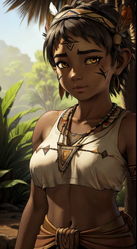 ((ultra quality)), ((tmasterpiece)), young girl shaman, ((white-gray very short hair)), (tribal feather decorations on the head)...