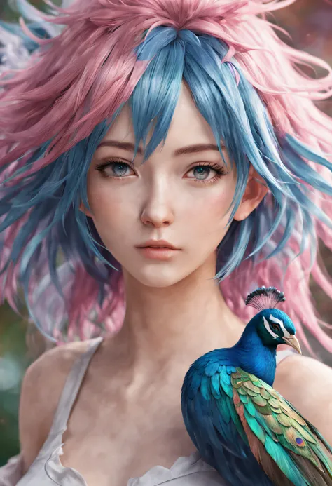 Girl with blue-pink hair and peacock feathers, Inspired by Ming Yanchun, CG, 🌺 style of anime. 8K, Anime style 3D, Very popular on cgstation, 8K high quality detail art, Gouves style artwork, fantasy art style, Awesome anime 3D style, Anime inspiration, Fu...