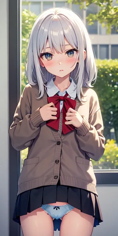 Cardigan，Deferred expression，JK Campus，Tall and tall，red blush，Navy blue skirt，up skirt，Its okay to wear a skirt, I can see my panties，校服，(((tucking up the skirt)))、(((White panties are visible)))、Pleated miniskirt，small tits，Holding