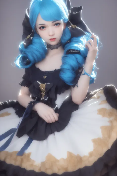 Best quality at best, tmasterpiece, (actual:1.2), 1 girl, gwyn, a skirt, Blue hair, hair drill, vivd colour, Saturated, ribbons, black ribbon, 详细的脸, pretty  face,  Background with, blue glowing