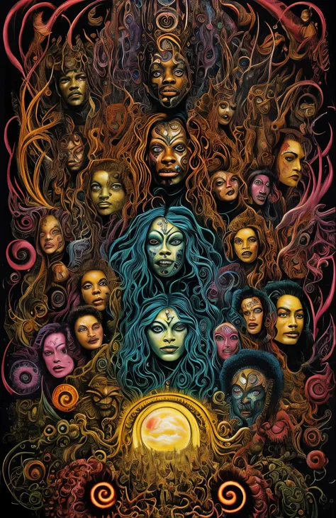 a painting of a group of people with faces painted on them, poster art, by leo and diane dillon, trending on zbrush central, psy...