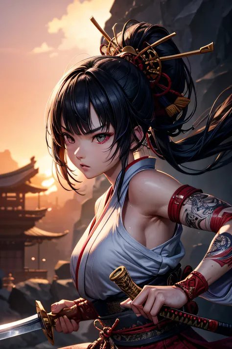 young japanese girl, samurai, evil look,,combat stance, wielding a sword, highly detailed, vibrant appearance, creative behavior, extremly detailed, imaginative, sensual, spontaneous, highest quality, skin texture, intricate details, (cinematic lighting), ...