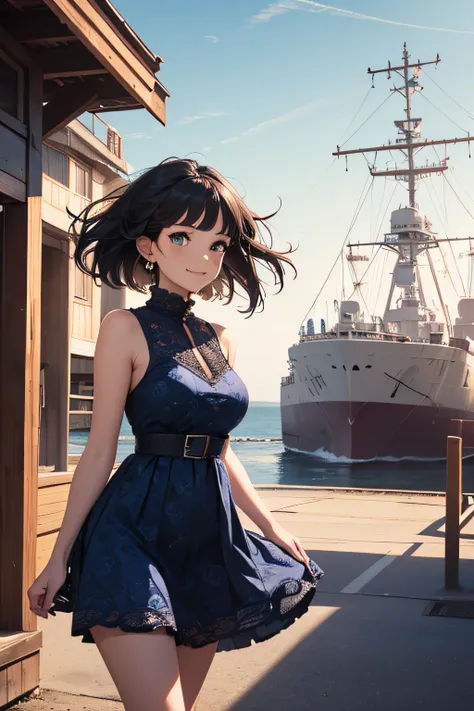 Very cute and beautiful girl,(very detailed beautiful face and eyes:1.2),Smile,(Cowboy Shot),
navy blue ruffle dress,Walking,Dynamic Pose,(Detailed legs,Mini skirt:0.9),
Dynamic Angle,Black hair,(rose garden),naval port,warship in the distance,
(Best Quali...