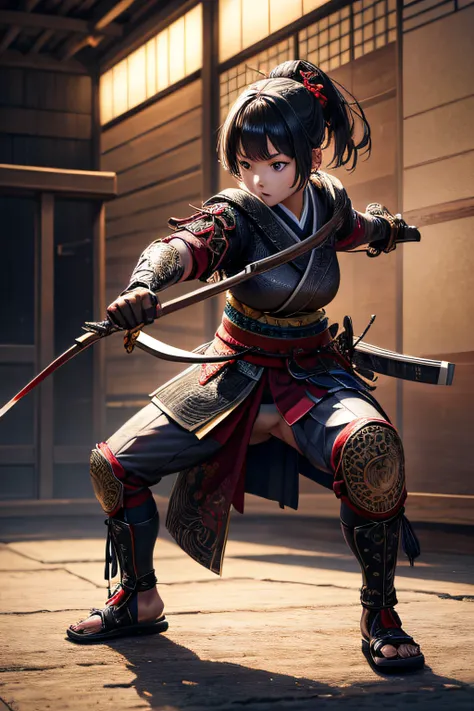 young japanese girl, samurai archer, evil look,,combat stance, wielding a crossbow, highly detailed, full body view, vibrant appearance, creative behavior, extremly detailed, imaginative, sensual, spontaneous, highest quality, skin texture, intricate detai...