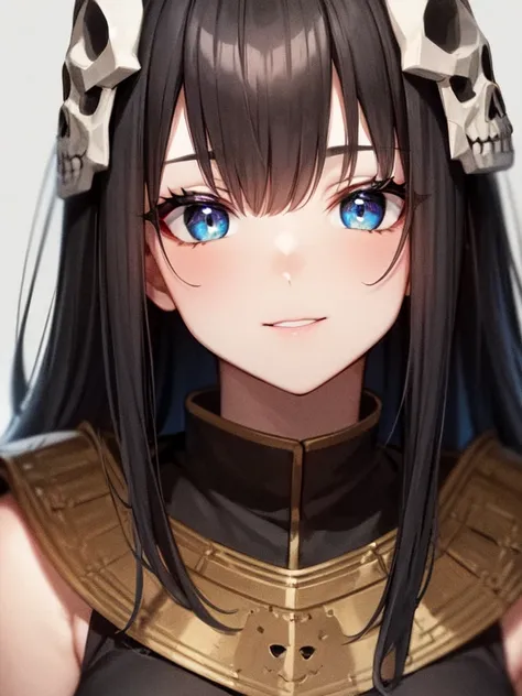 close up of face, 18 year old girl, wearing a human skull shaped mask, black hair, bright blue eyes, Scottish warrior from the medieval era, 4k image,