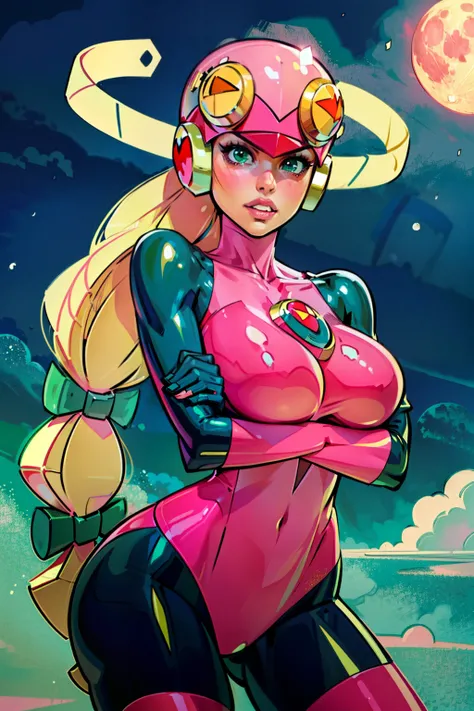 Waifu, masterpiece, curvy, breasts, moon, full moon, gloves, 1girl, clenched teeth, cleavage, large roll_exe_megamanbn,(helmet),blonde hair,long hair,leotard,green eyes,pink bodysuit,bodysuit,, breasts, teeth, ((roll_exe:1.2)), rating:explicit,rule34, , ti...