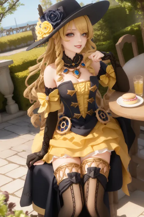 1个Giant Breast Girl, Navia (genshin impact) ((Yellow curly hair)), has cleavage, Long boots, separated sleeves, Single glove, Off-the-shoulder dress, Separate collar, Waist shawl, choker necklace, jewely, looking at viewert, ssmile, cow boy shot, sitted, t...