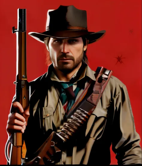 (masterpiece), (foto raw), ( hiper-realist), a photo of a man in a cowboy hat holding a rifle, arthur morgan, jessé mccree, [ mo...