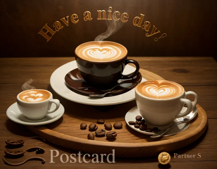 there  a postcard with a picture of a cup of aromatic cappuccino and a plate of delicious dessert, (coffee steam:1,2), stand for coffee and dessert on a wooden tray, Happy!!!, Morning coffee, ƒ/3.5, ƒ / 3. 5, ƒ/2.5, ƒ / 2. 5, Good afternoon, Day, subdued t...