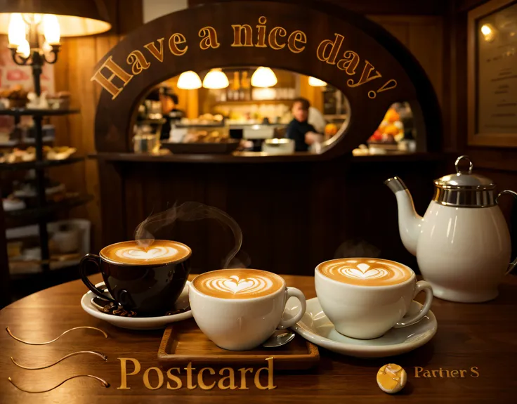 there  a postcard with a picture of a cup of aromatic cappuccino and a plate of delicious dessert, (coffee steam:1,2), stand for...