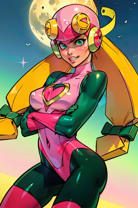 Waifu, masterpiece, curvy, breasts, moon, full moon, gloves, 1girl, clenched teeth, cleavage, large roll_exe_megamanbn,(helmet),blonde hair,long hair,leotard,green eyes,pink bodysuit,bodysuit,, breasts, teeth, ((roll_exe:1.2)), (small breasts), rating:expl...