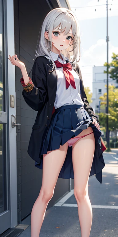 Cardigan，Deferred expression，JK Campus，Tall and tall，red blush，Navy blue skirt，up skirt，Its okay to wear a skirt, I can see my panties，校服，(((tucking up the skirt)))、Pleated miniskirt，small tits，Holding，(appearance々Patterned panties:1.3)、(Skirt that rolls u...