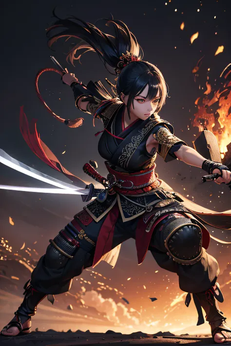 young japanese girl, samurai, evil look,,combat stance, wielding a sword, highly detailed, full body view, vibrant appearance, creative behavior, extremly detailed, imaginative, sensual, spontaneous, highest quality, skin texture, intricate details, (cinem...