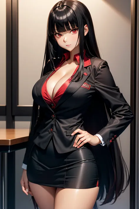 ((Best Quality)), ((masutepiece)), (Detailed), Perfect face　a beauty girl　cleavage of the breast　red eyes　long, thick black hair　 Blunt bangs　hold your hands in front of you、stand facing forward　black and red blazer　a miniskirt　Girls#39; School Costumes