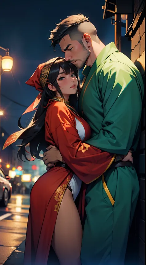 A man and a woman，Snuggle together，Wearing a Tang costume，the night，