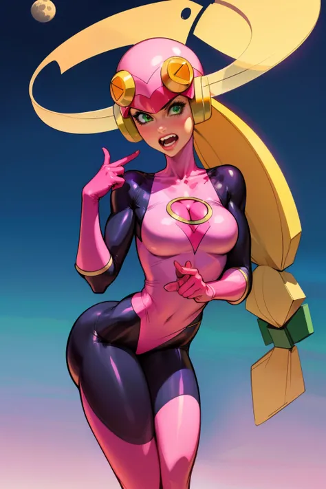 Waifu, masterpiece, curvy, breasts, moon, full moon, gloves, 1girl, clenched teeth, cleavage, large roll_exe_megamanbn,(helmet),blonde hair,long hair,leotard,green eyes,pink bodysuit,bodysuit,, breasts, teeth, ((roll_exe:1.2)), (small breasts), rating:expl...