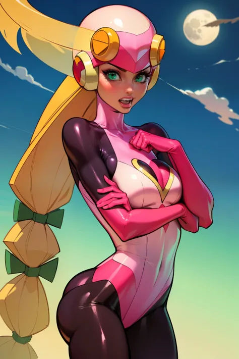 Waifu, masterpiece, curvy, breasts, moon, full moon, gloves, 1girl, clenched teeth, cleavage, large roll_exe_megamanbn,(helmet),blonde hair,long hair,leotard,green eyes,pink bodysuit,bodysuit,, breasts, teeth, ((roll_exe:1.2)), (small breasts), rating:expl...