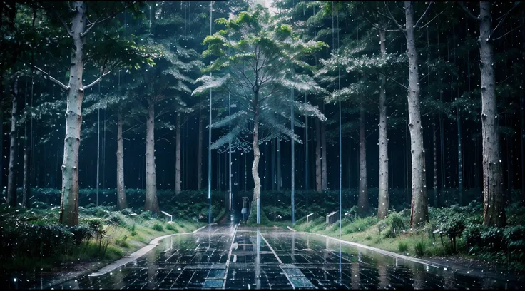 blue forest with trees pixel rain, rain, rain. very detailed, rain on screen, heavy rain, rain falling, rainstorm, rain falling, heavy rain, rain falling, rain aesthetic, light blue acrylic paintdrip tar, blue natural iwakura dripping, green rain