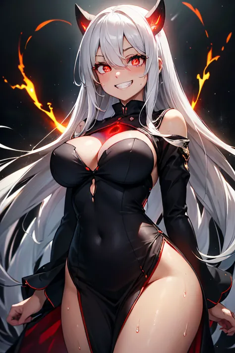 (High quality, High resolution, Fine details), (Only her eyes are shining in a very dark atmosphere:1.7), woman in black thin fabric dress, Burning, (moonlight), white hair flowing in the wind, (subtle light and shadow), delicate and translucent fabric, BR...