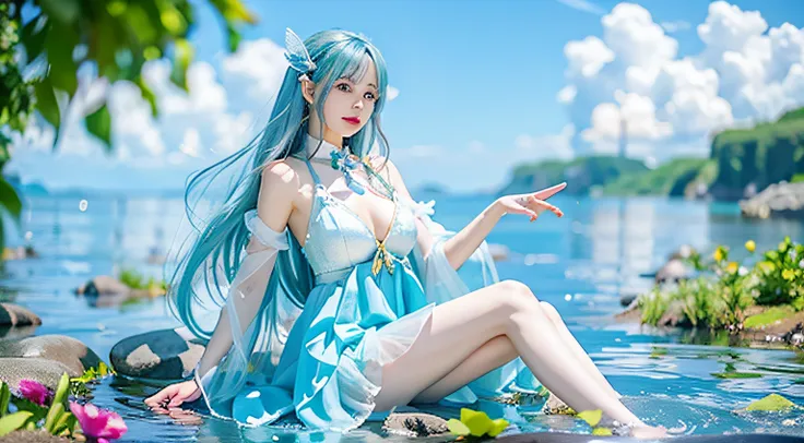 Fide woman in blue dress sitting on rock in water, Anime manga girl , Cute anime waifu wearing nice clothes, this comic , anime goddess, Popular topics on cgstation, water fairy, Beautiful anime girls, Beautiful fantasy anime, 《the first god》Ke Qingyu, , g...