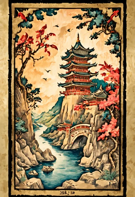 chinese theme, (lovely postcards:1.2), stamp, ornate frames, woodcut, intricate, (best quality, masterpiece, representative work...