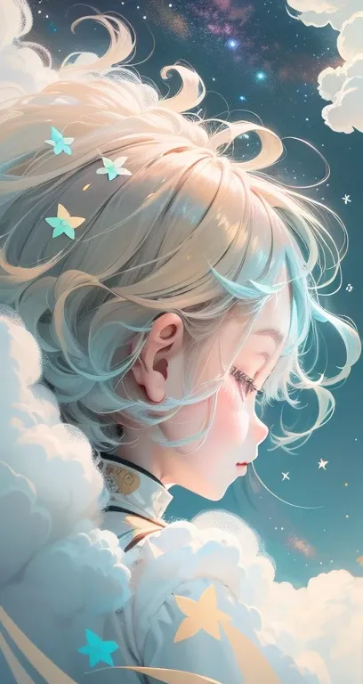 (Best quality,4K,8K,A high resolution,tmasterpiece:1.2), The girl in the clouds has hair as fluffy as clouds。tiny stars。light colors hair。inside a dream。dream illustration。dream colors。Childrens illustration style。