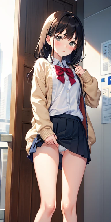 Cardigan，Deferred expression，JK Campus，Tall and tall，red blush，Navy blue skirt，up skirt，Its okay to wear a skirt, I can see my panties，校服，(((tucking up the skirt)))、Pleated miniskirt，small tits，Holding，(Skirt that rolls up:1.3)、(Fully exposed panties:1.5),