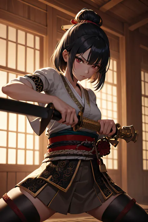 young japanese girl, samurai, evil look,,combat stance, wielding a sword, highly detailed, ancient japanese dojo in background, vibrant appearance, creative behavior, extremly detailed, imaginative, sensual, spontaneous, highest quality, skin texture, intr...