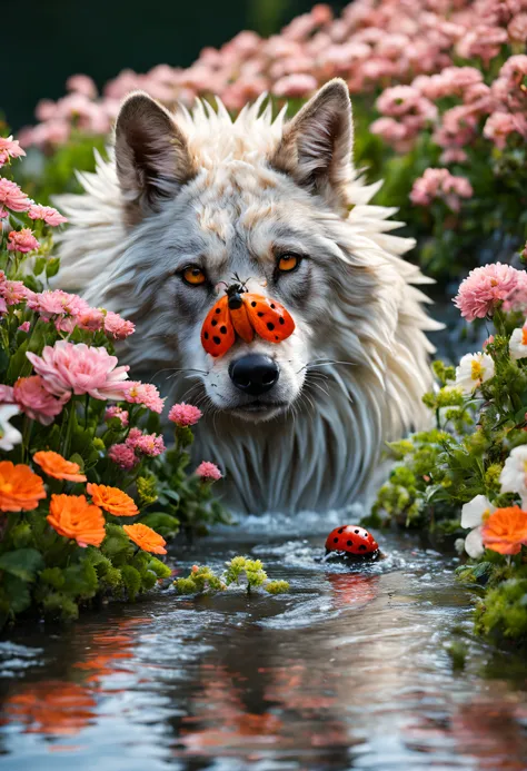 Une créature qui se tient debout comme un humain qui a un physique de loup, une peau recouverte de fleurs magnifique, et des antennes comme les coccinelles. Cest texturé et très réaliste. Il est debout devant une très jolie cascade deau coloré avec un lége...