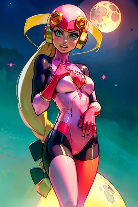 Waifu, masterpiece, curvy, breasts, moon, full moon, gloves, 1girl, clenched teeth, cleavage, large roll_exe_megamanbn,(helmet),blonde hair,long hair,leotard,green eyes,pink bodysuit,bodysuit,, breasts, teeth, ((roll_exe:1.2)), (small breasts), rating:expl...