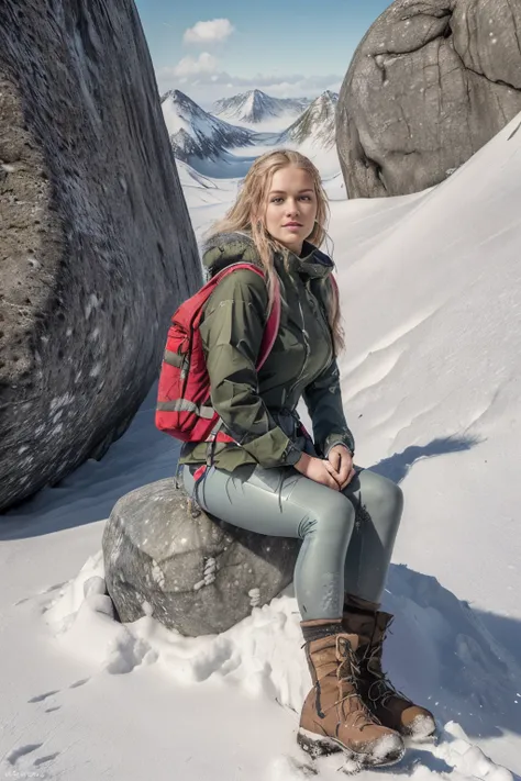 Naturescape photography; mountain climbing; Full body view; (1woman:0.5, solo), (slender body), (Small breasts) , (soaking wet red Norrøna Trollveggen shell jacket , hiking tights , wet wear, hiking boots, (((very large rucksack))),  (climbing axe), (cramp...