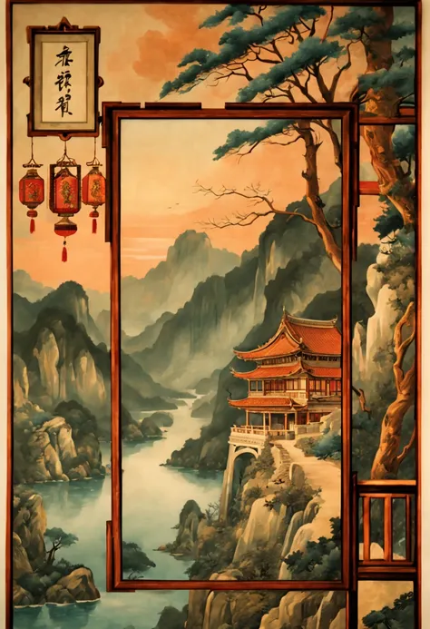 chinese theme, (lovely postcards:1.2), chp1920s, stamp, ornate frames, woodcut, intricate, (best quality, masterpiece, represent...