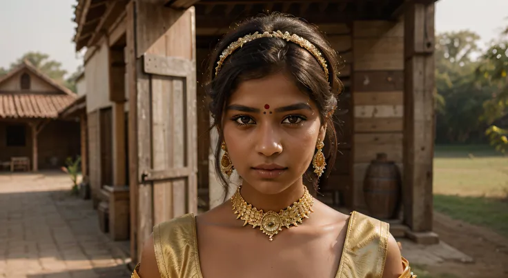 indian girl portrait with grey eyes VERY FAIR skin color, wearing yelloe wedding indian traditional dress, and gold jewellery on head and neck around behind rustic fort in distance