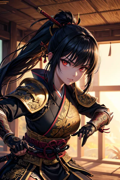 young teen girl, evil dark demonic zombie ancient samurai, evil look,,combat stance, wielding a sword, ancient samurai armor, long black hair, ponytail, highly detailed, ancient japanese dojo in background, vibrant appearance, creative behavior, extremly d...