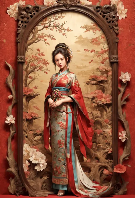 chinese theme, (lovely postcards:1.2), young xia, fightdress, stamp, ornate frames, wood art, intricate, (best quality, masterpi...