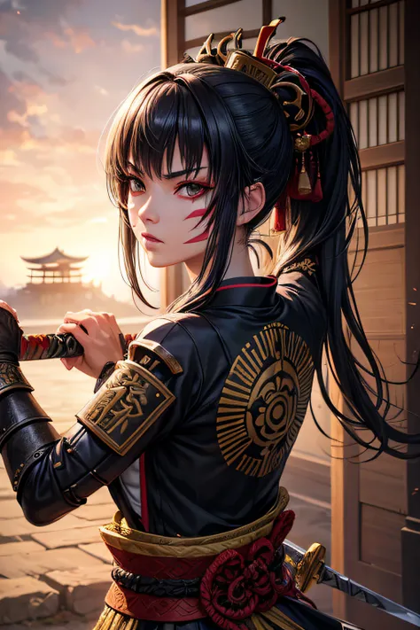 young teen girl, ancient samurai, evil look,, facepaint, bodypaint, combat stance, wielding a sword, long black hair, ponytail, highly detailed, ancient japanese dojo in background, vibrant appearance, creative behavior, extremly detailed, imaginative, sen...