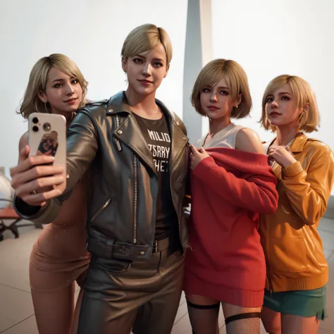 Sherry Birkin, woman, wearing white tanktop jacket, white skirt, smile expression, blonde bob hair, selfie