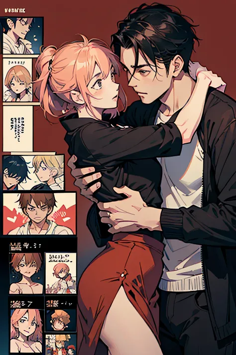 Comic Storyboard:1.8, comic strip, Comic Layout, My favorite manga storyboard, story of a loving couple, anime emoji theme pack, Hyper Hi-Vision, Japanese anime manga style, red background dark sky, 24K UHD.