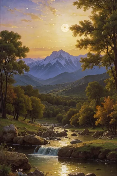 Paisaje, mountains, Noche, luna llena, Abetos, piedras, Sol brillante, cielo estrellado, Agua, fondo de pantalla housetremely detallado CG unidad 8k), Worlds Most Beautiful Artwork, Professional Majestic Oil Painting, complejo, High detail, foco nítido, dr...